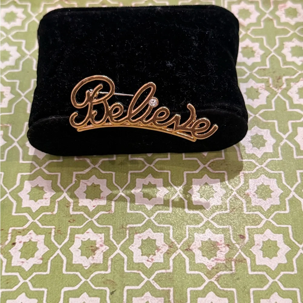 Avon Gold-Tone “Believe” Script Pin with Crystal Accent – Vintage — NEW